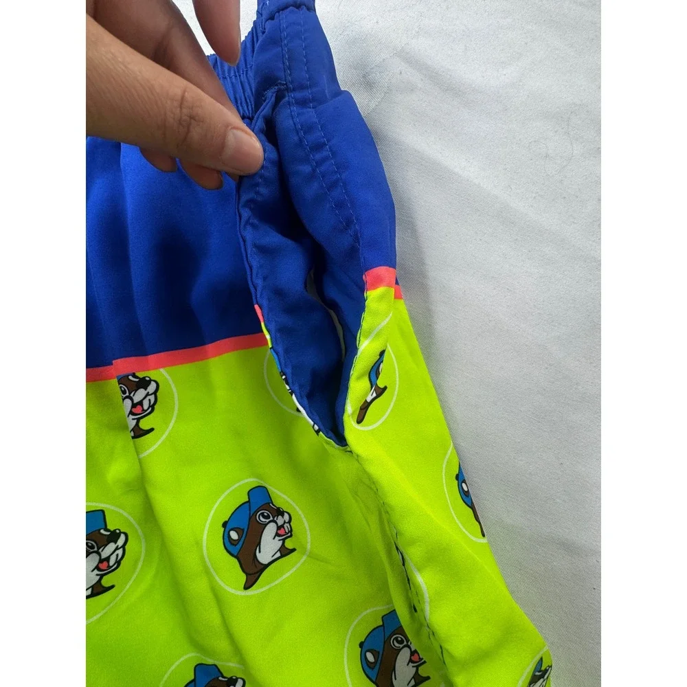 Buc-ees Mens 2X Swim Trunks Blue Lime Green Beaver Mascot Board Shorts Texas 2XL